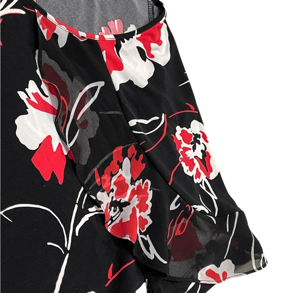 CALVIN KLEIN Womens Floral Top XL Black Red White Short Ruffle Sleeve Round Neck - Picture 7 of 10